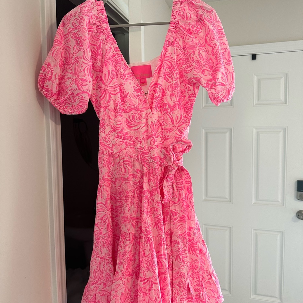 Lilly Pulitzer Hot Pink Floral Wrap Mini Dress